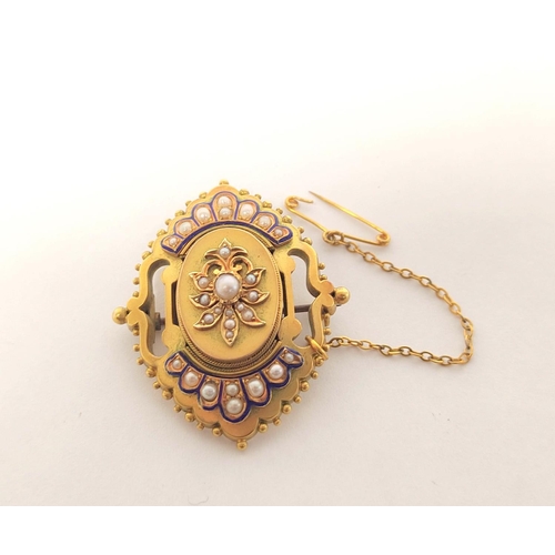 74 - Victorian gold oval brooch with pearls and blue enamel, probably 15ct. 13.6g.