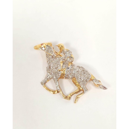 75 - 9ct gold racehorse and jockey brooch set with eight-cut diamonds. 6.6g