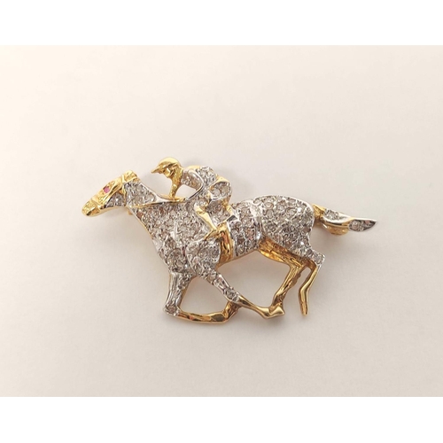 75 - 9ct gold racehorse and jockey brooch set with eight-cut diamonds. 6.6g