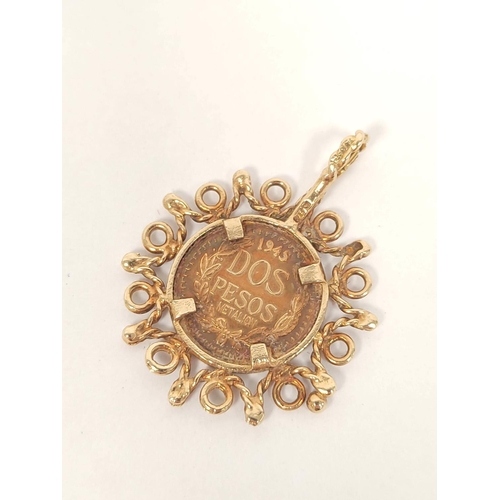 77 - Gold coin pendant, two pesos with 9ct mount and necklet. 7.5g