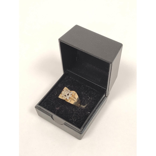 78 - Diamond cluster ring on broad split shank mount. 9ct gold. 3.7g Size 'N'