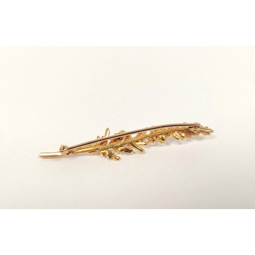 79 - 9ct gold fern leaf brooch with seven pearls. 4.39g.