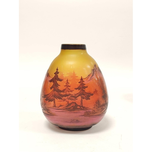 183 - In the manner of Galle Art glass cameo vase, with overlaid woodland scene to the amber coloured grou... 