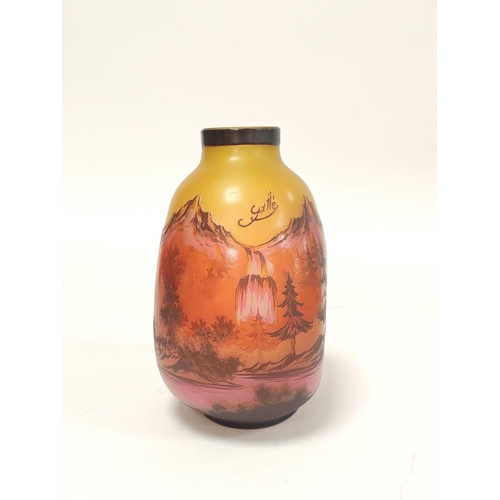 183 - In the manner of Galle Art glass cameo vase, with overlaid woodland scene to the amber coloured grou... 