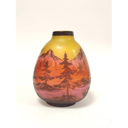 183 - In the manner of Galle Art glass cameo vase, with overlaid woodland scene to the amber coloured grou... 