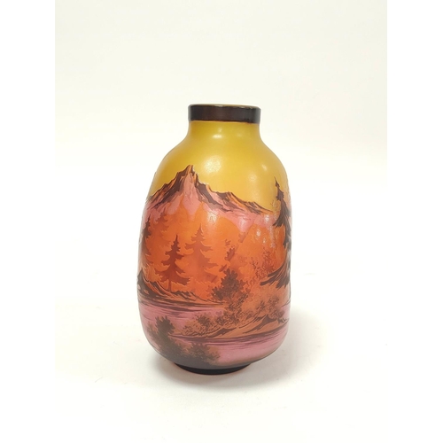 183 - In the manner of Galle Art glass cameo vase, with overlaid woodland scene to the amber coloured grou... 