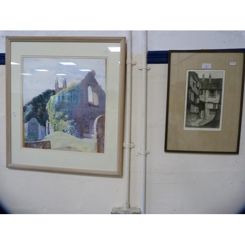 62 - The Mermaid Inn, RyeIndistinctly signed, etching, and a watercolour of a church.  (2)