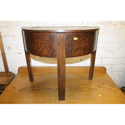 773 - Oak art deco style demi lune work box, 62cm wide.