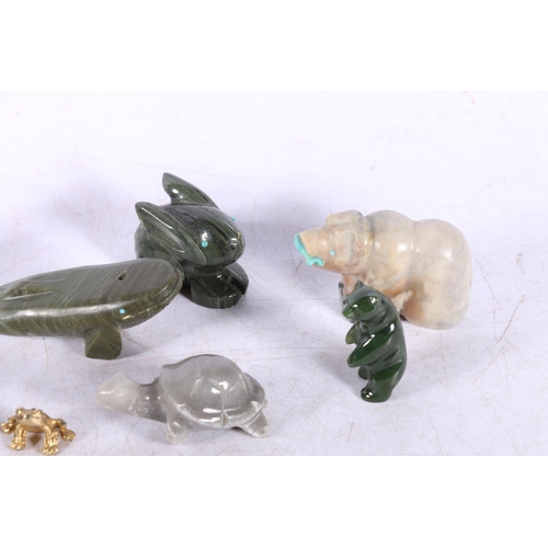 183 - Carved jade bear and fish, onyx bear and fish and other small figures.