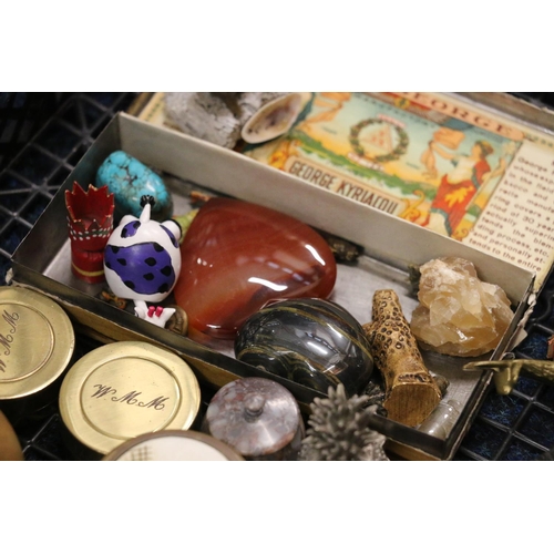 214 - Collection of curios to include treen, brass, Cinnabar red box, etc.