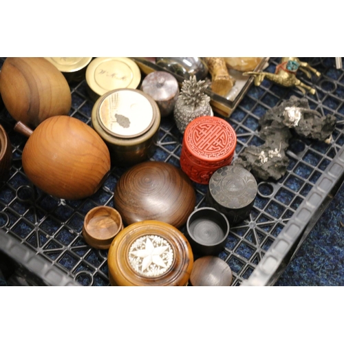 214 - Collection of curios to include treen, brass, Cinnabar red box, etc.