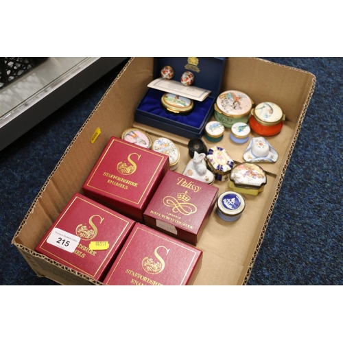 215 - Collection of trinket boxes to include Halcyon Days, Staffordshire enamel boxed, etc