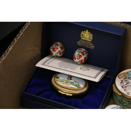 215 - Collection of trinket boxes to include Halcyon Days, Staffordshire enamel boxed, etc