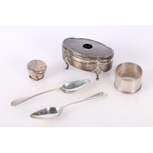 683 - Silver napkin ring, two silver teaspoons and a silver perfume bottle lid, and a silver bijouterie bo... 