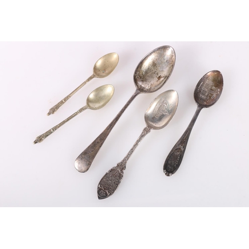 693 - Silver tablespoon 48g, two Canadian silver souvenir spoons 53g, and two silver-plated apostle spoons... 