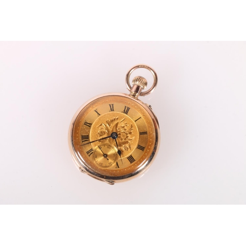 696 - 9ct gold cased fob watch with engraved dial, 3.1cm diameter, 22g gross. 