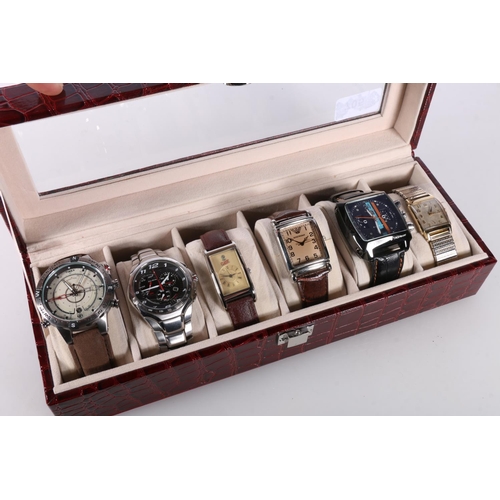 705 - Six gents fashion watches in red crocodile skin effect watch case. 