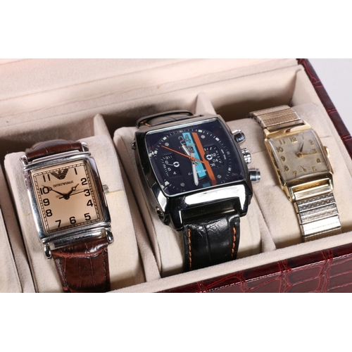 705 - Six gents fashion watches in red crocodile skin effect watch case. 