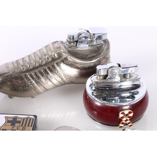 708 - Novelty cigarette lighters to include a football boot, football, Hearts of Midlothian, Barcelona, et... 