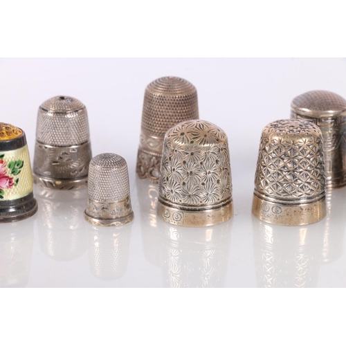 725 - Group of silver and other thimbles including a Charles Horner Dorcas pattern thimble, two enamelled ... 