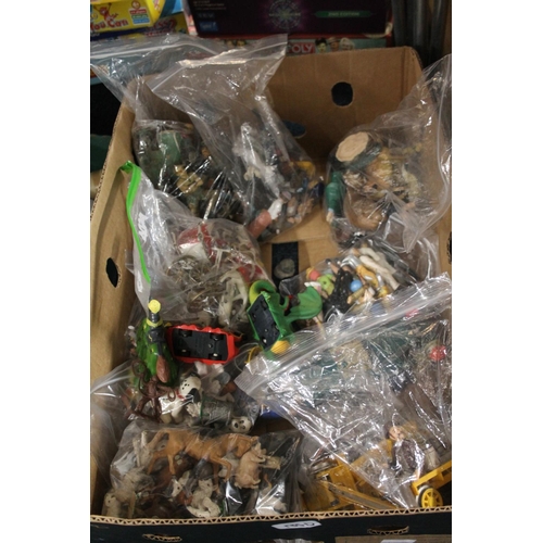 135D - White metal and plastic toy models to include cowboys, native American Indian, soldiers, vehicles, e... 