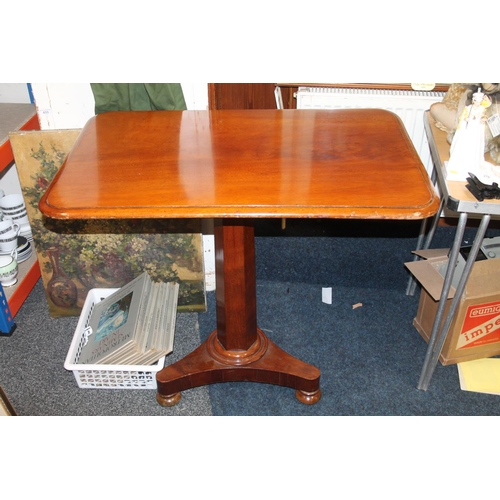 755 - Mahogany regency style occasional table raised on faceted pedestal terminating  in tri pod base... 