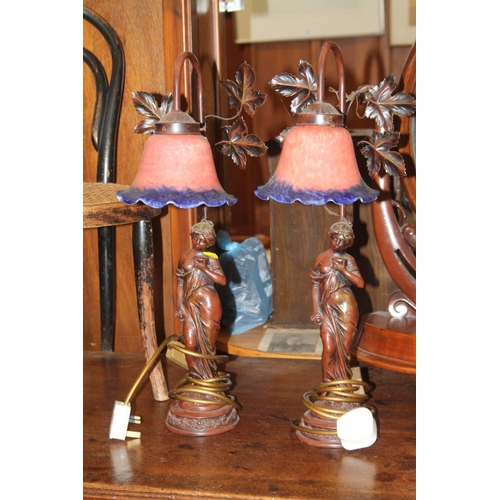 759 - Pair of composite figural table lamps with mottled pink and blue shades, 53cm.