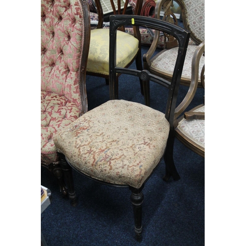 761 - Ebonised bedroom chair with floral upholstered seat by John Taylor and Sons of Edinburgh, 87cm high.