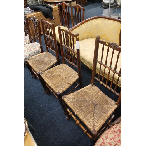 763 - Set of three oak country house style dining chairs with Rattan seats, 97cm high.