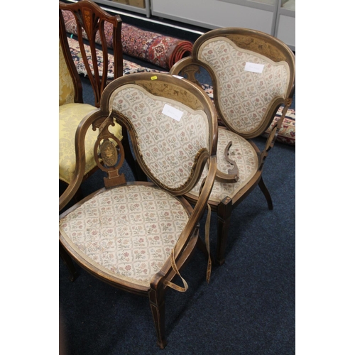 766 - Pair of Victorian mahogany and inlaid parlour chairs, 81cm.