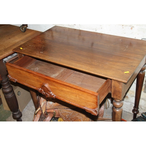 768 - Victorian mahogany side table with single frieze drawer raised on turned tapering supports, 85cm wid... 