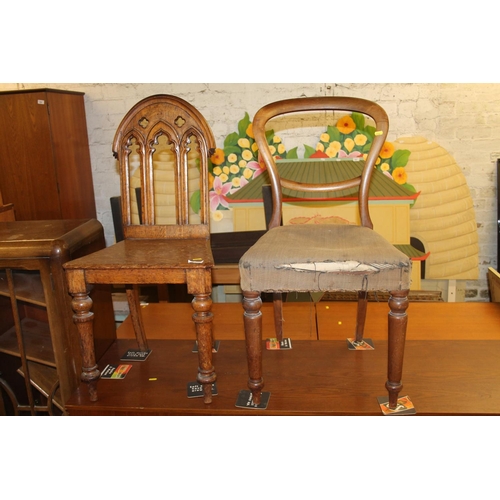 782 - Oak ecclesiastical hall chair and a Victorian mahogany balloon back dining chair