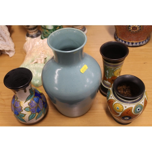 220 - Three Gouda of Holland vases and a Buchan of Portobello teal ground vase, 25cm,  (4).