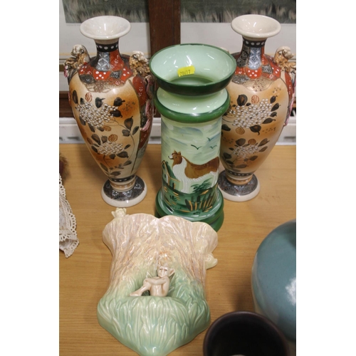 222 - Pair of Oriental vases, a hand painted glass vase and a Sylvac imp wall pocket,  (4).  &nb... 