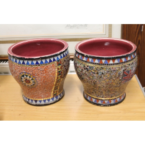 224 - Two mozaic glass and ceramic vases, one decorated with union jack flag, both stamped Colton & La... 