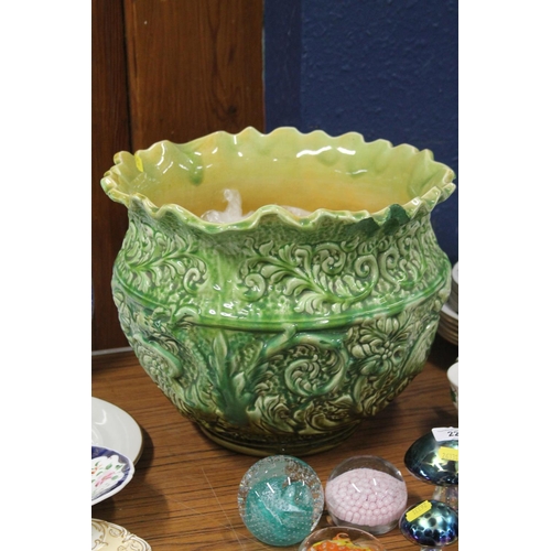 227 - Mintons majolica style jardeniere stamped W. F Needham to base, 29cm.