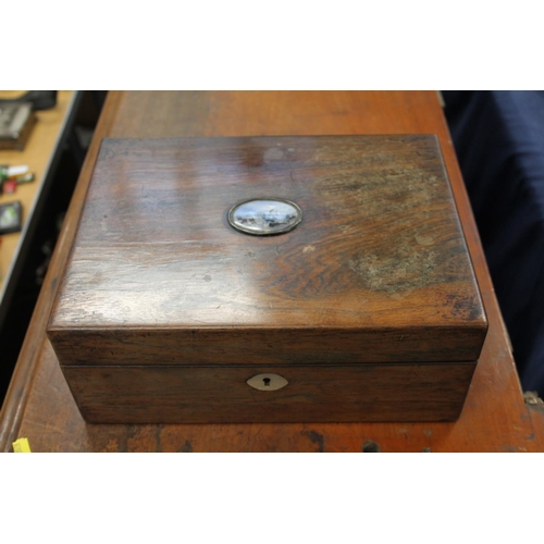 260 - Victorian rosewood box inset with painted oval vignette of a busy harbour.