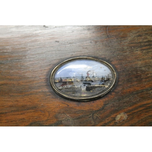 260 - Victorian rosewood box inset with painted oval vignette of a busy harbour.