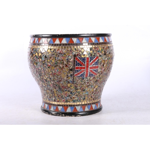 224 - Two mozaic glass and ceramic vases, one decorated with union jack flag, both stamped Colton & La... 