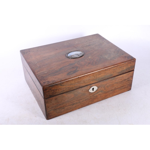 260 - Victorian rosewood box inset with painted oval vignette of a busy harbour.