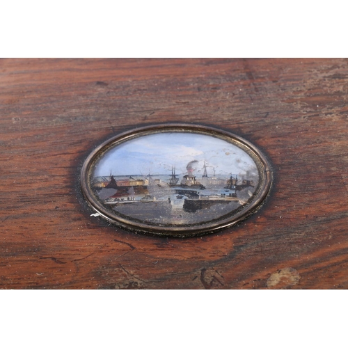 260 - Victorian rosewood box inset with painted oval vignette of a busy harbour.