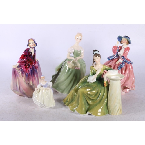 283 - Five Royal Doulton figurines to include HN1849 Top O the Hill, HN1496 Sweet Anne, HN1559 Priscilla, ... 