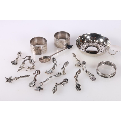 728 - White metal taste vin, three white metal napkin rings, group of white metal sea themed hook weights ... 