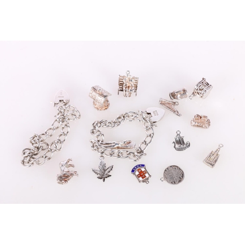 671 - Two silver curb link charm bracelets with loose charms, 63.8g gross. 