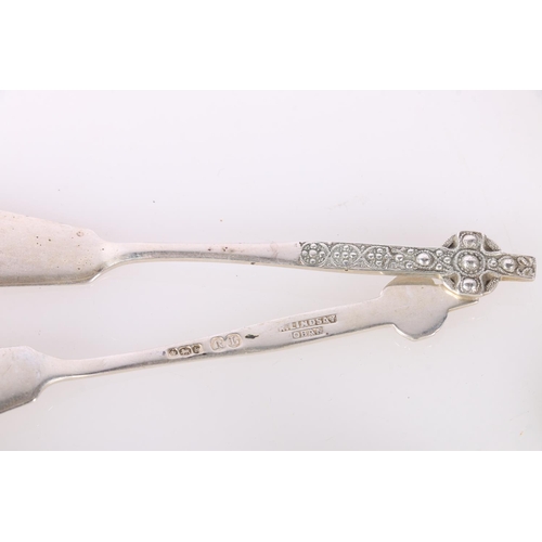 673 - Pair of Lindsay of Oban silver butter knives with Celtic ring cross finials, silver souvenir spoon f... 