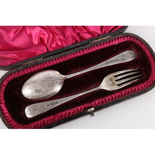 674 - Victorian silver spoon and fork christening set in fitted case by Atkin Brothers, Sheffield 1894, 49... 