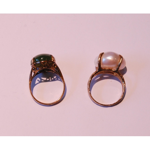 36 - Gold ring with oval nephrite cabochon, '14k', and another with baroque pearl, 9ct, sizes L½ and M, 9... 