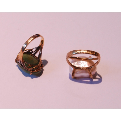 36 - Gold ring with oval nephrite cabochon, '14k', and another with baroque pearl, 9ct, sizes L½ and M, 9... 