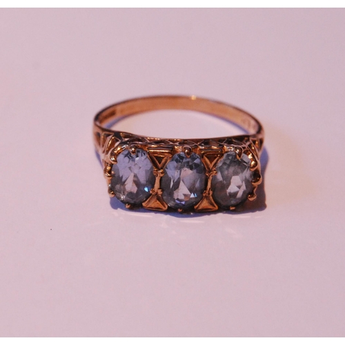 39 - Gold ring with three aquamarines and another, both 9ct gold, sizes R and S/T, 7.7g gross.  (2)