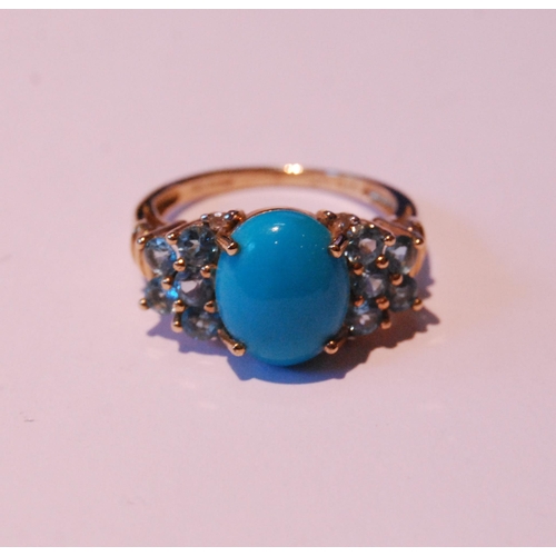 39 - Gold ring with three aquamarines and another, both 9ct gold, sizes R and S/T, 7.7g gross.  (2)